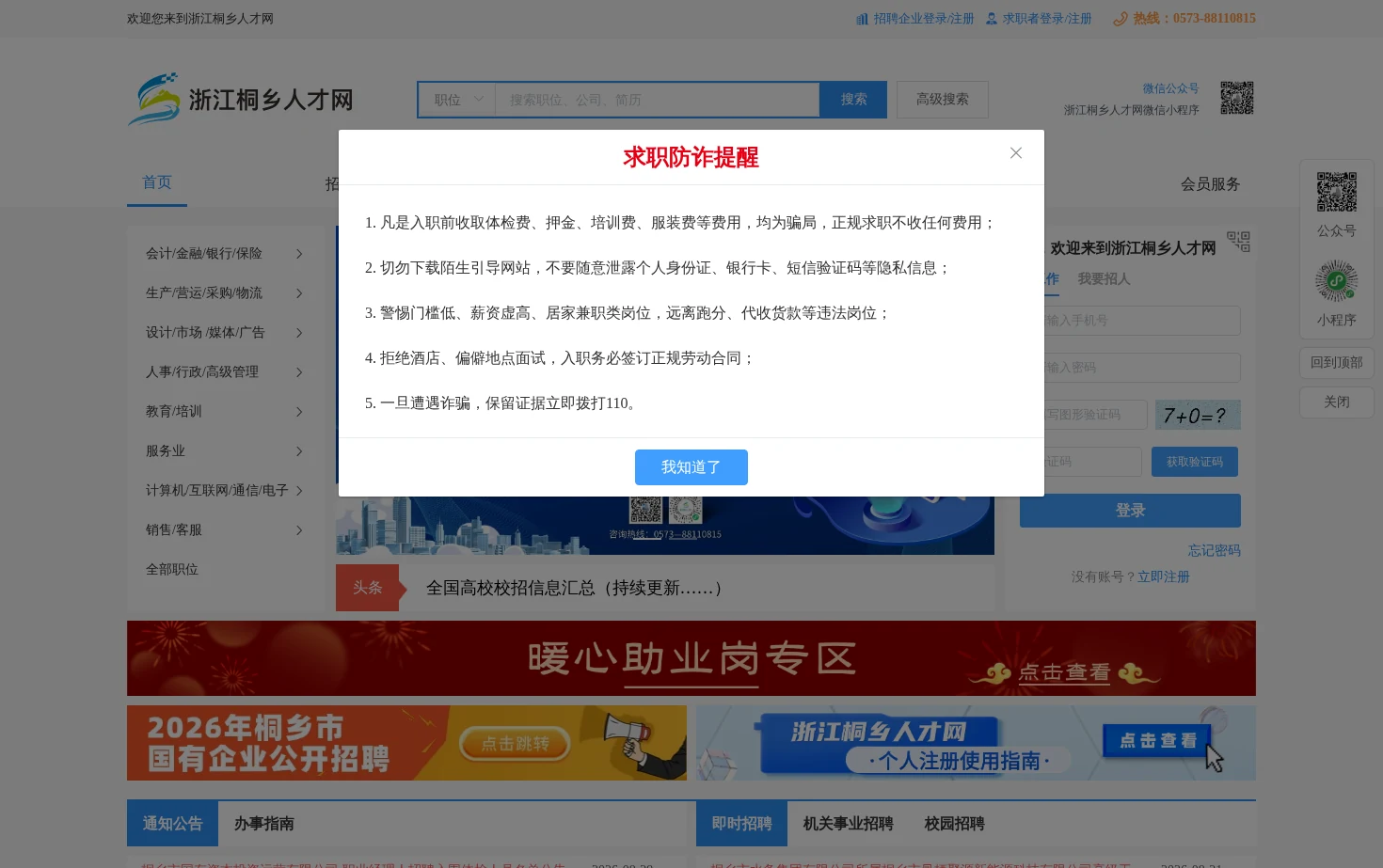 浙江桐乡人才网 页面快照
